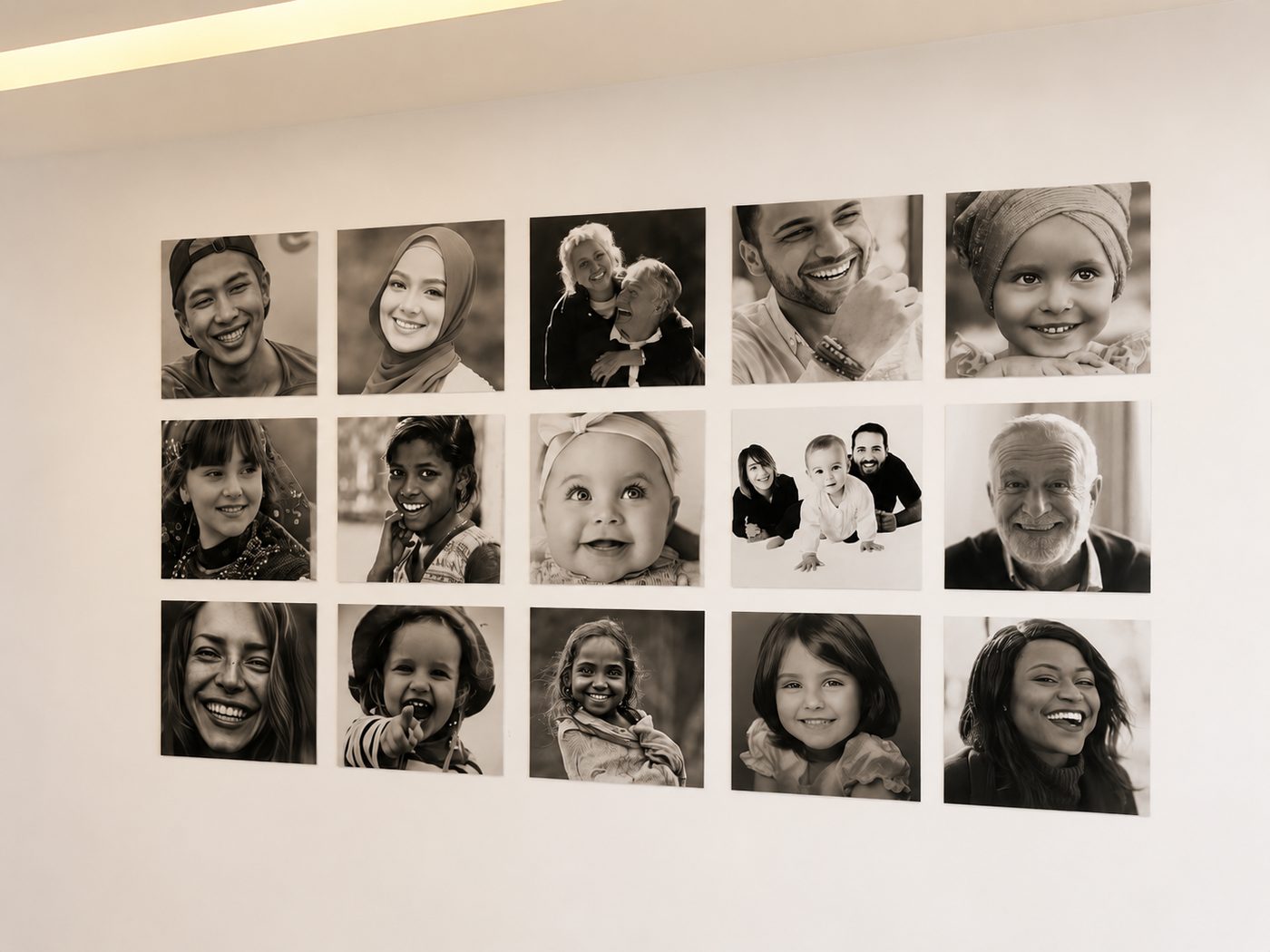Mur de sourires dans la salle d'attente de Bright Smile Clinic